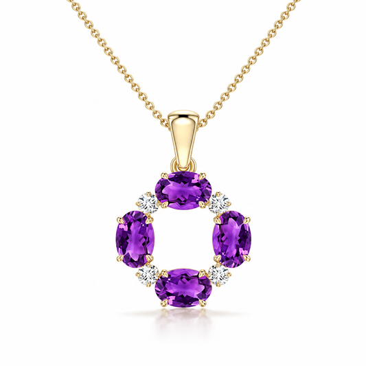 Oval Amethyst Open Circle with Moissanite Accents Pendant Necklace