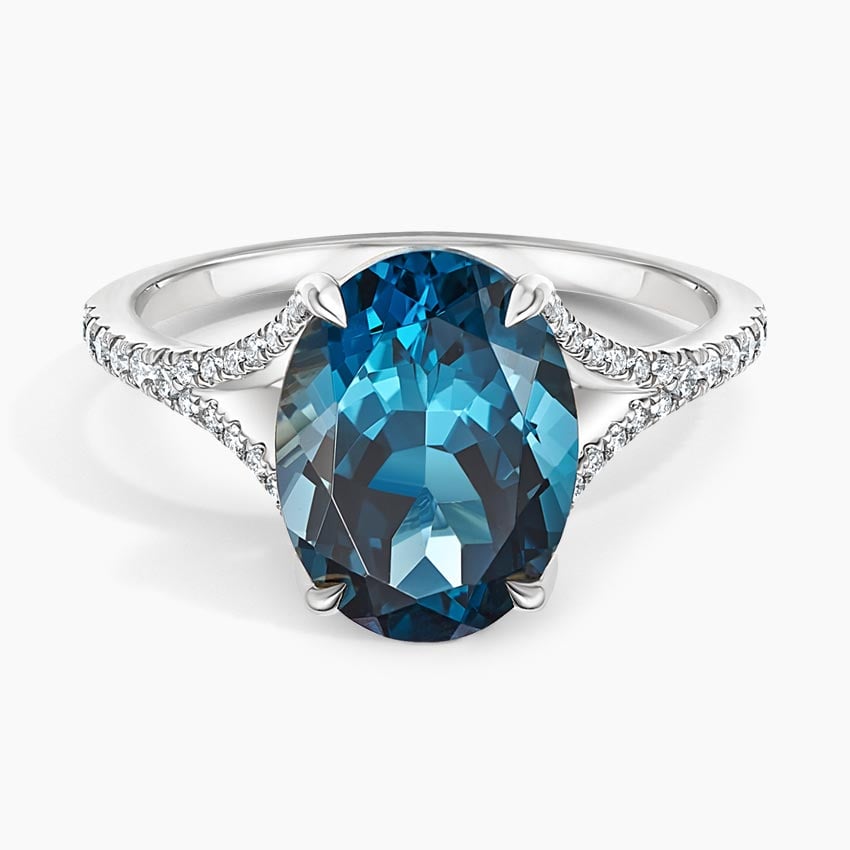 Oval Cut London Blue Topaz and Moissanite Split-Shank Cocktail Ring