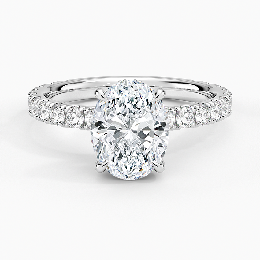 Oval Cut Three-Quarter Pavé Band Moissanite Engagement Ring with Hidden Halo