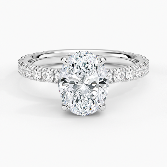 Oval Cut Three-Quarter Pavé Band Moissanite Engagement Ring with Hidden Halo