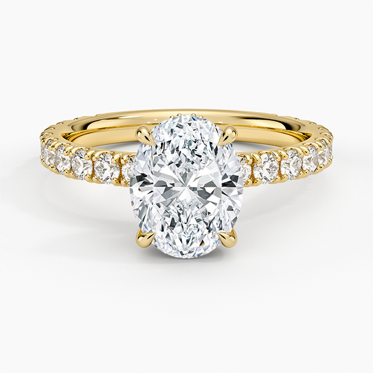 Oval Cut Three-Quarter Pavé Band Moissanite Engagement Ring with Hidden Halo