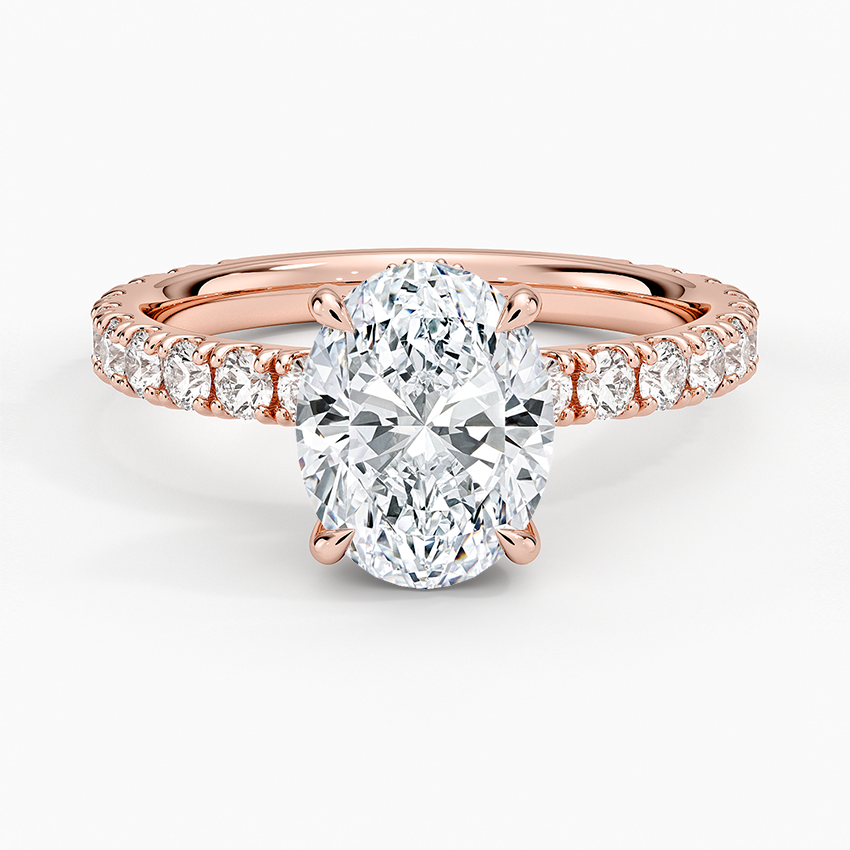 Oval Cut Three-Quarter Pavé Band Moissanite Engagement Ring with Hidden Halo