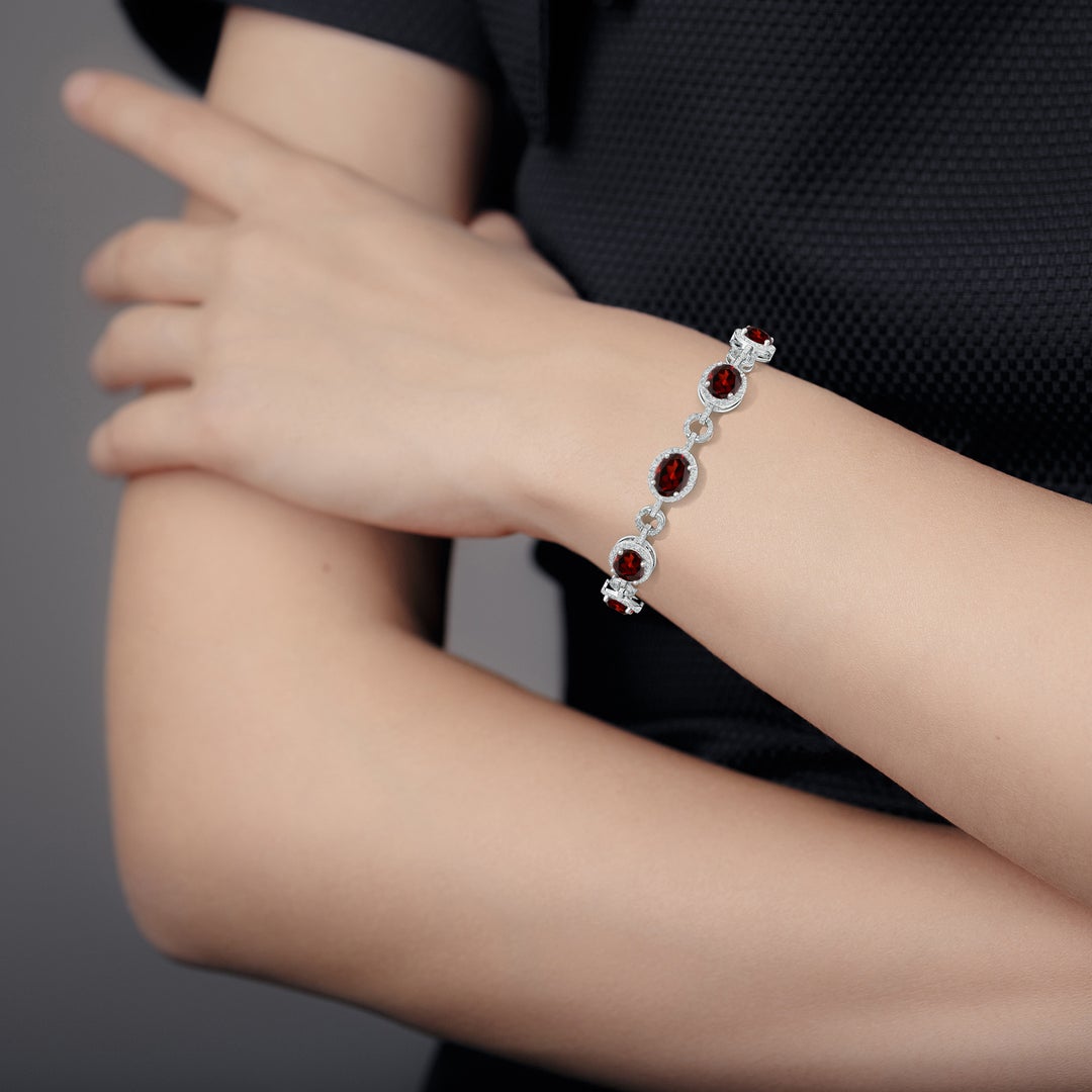 16.56 CTTW Oval Garnet Halo Open Circle Link Moissanite Tennis Bracelet