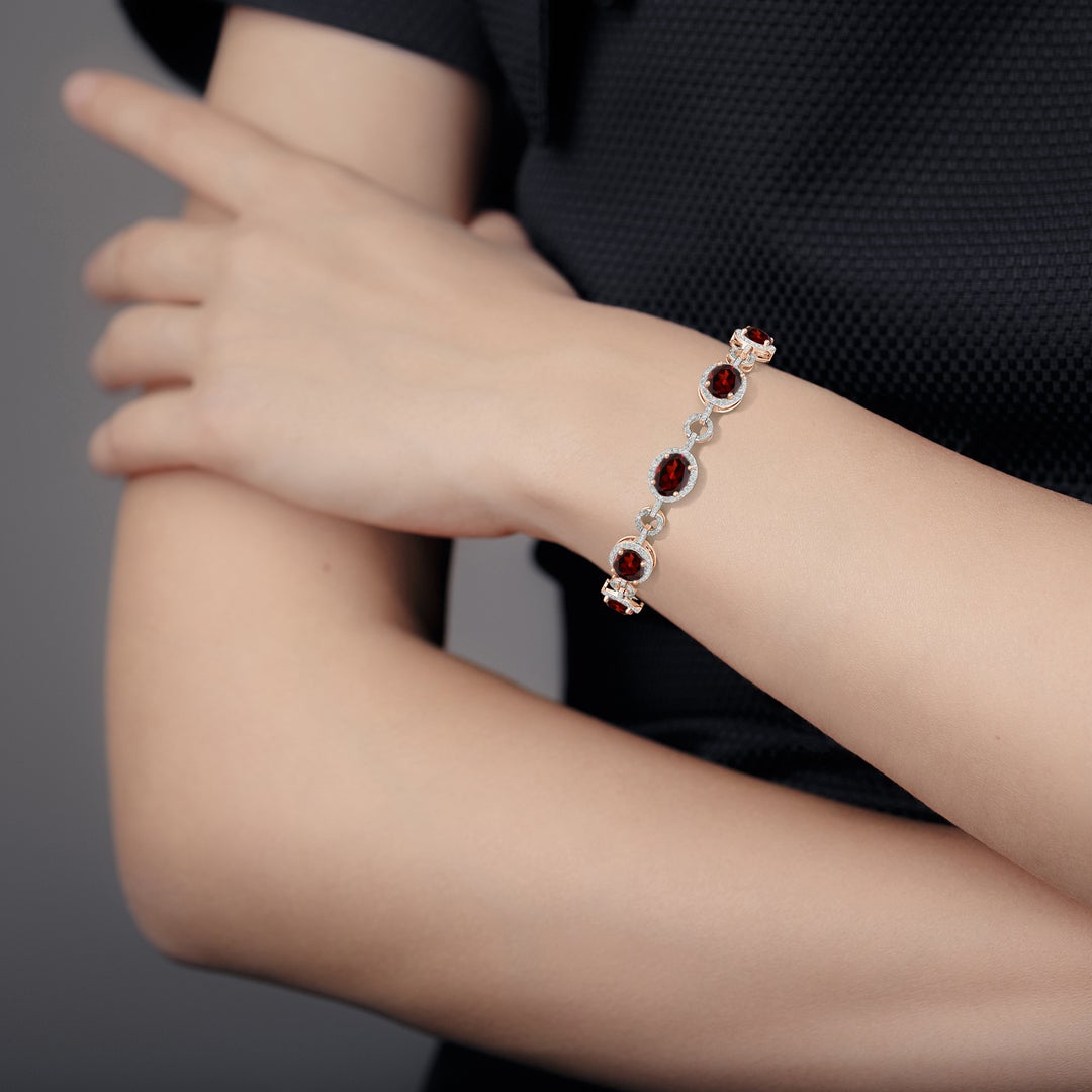 16.56 CTTW Oval Garnet Halo Open Circle Link Moissanite Tennis Bracelet