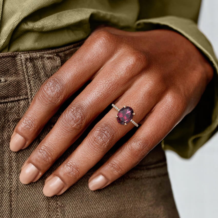 Oval Garnet Hidden Halo Engagement Ring with Moissanite Pavé Band