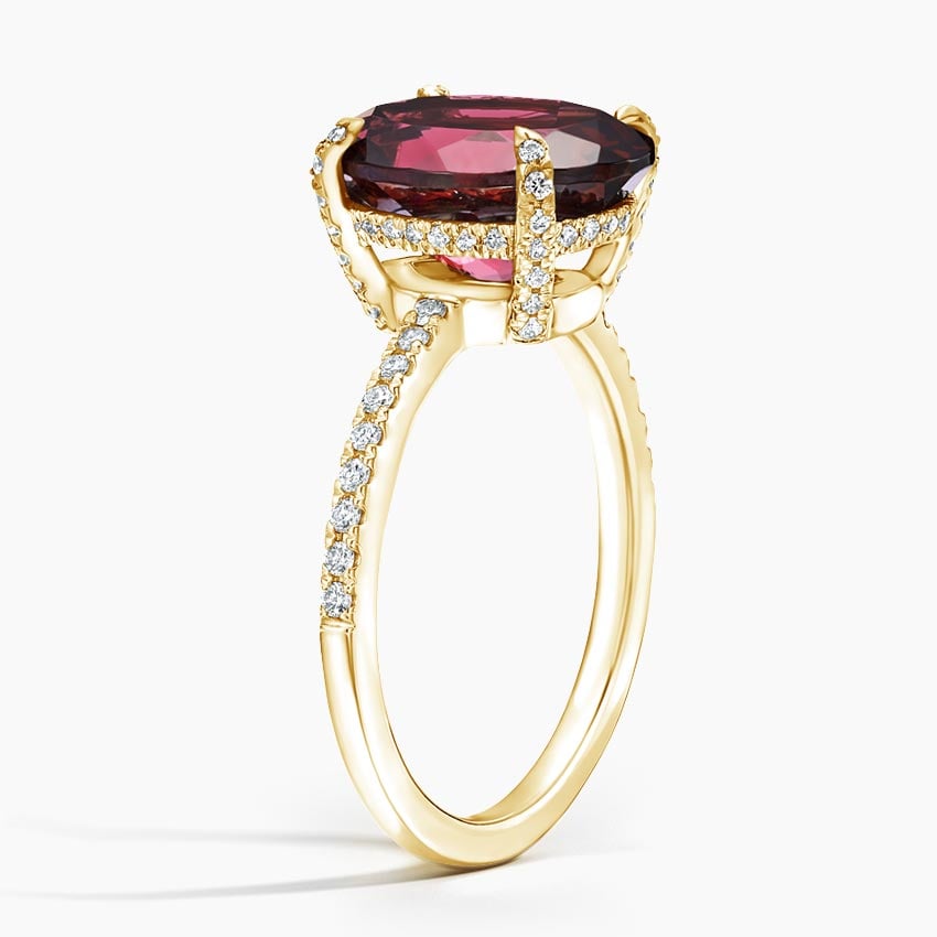 Oval Garnet Hidden Halo Engagement Ring with Moissanite Pavé Band