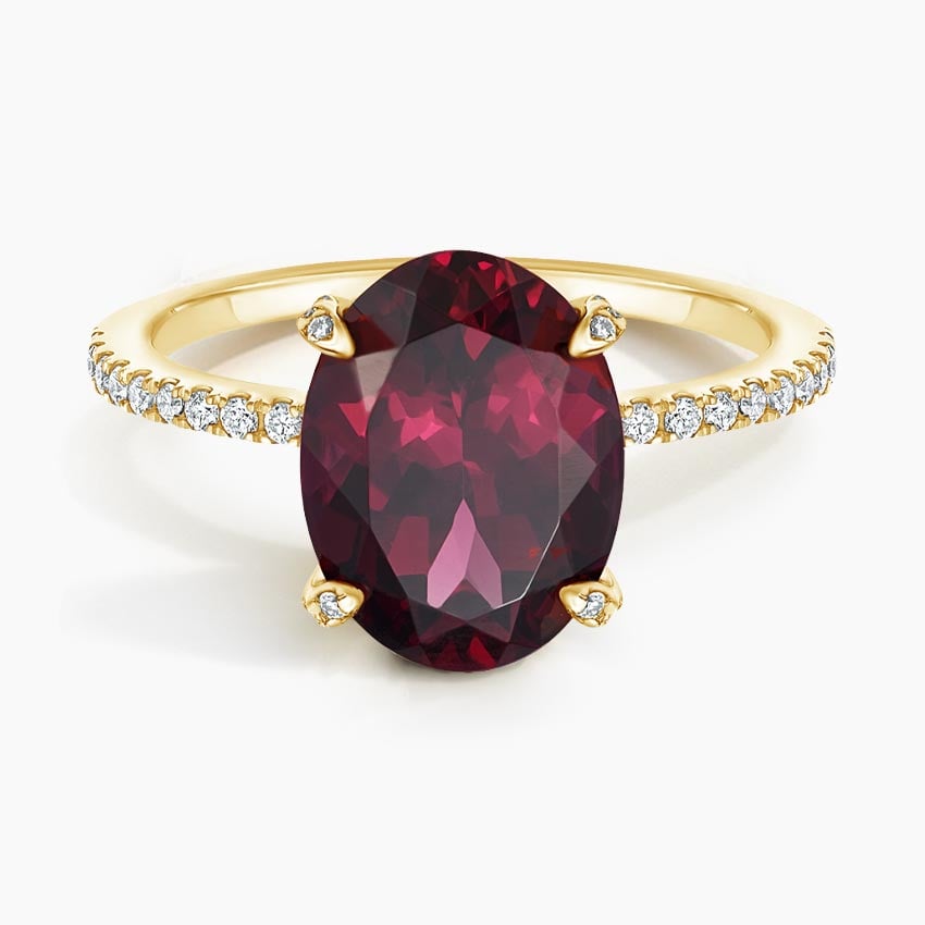 Oval Garnet Hidden Halo Engagement Ring with Moissanite Pavé Band