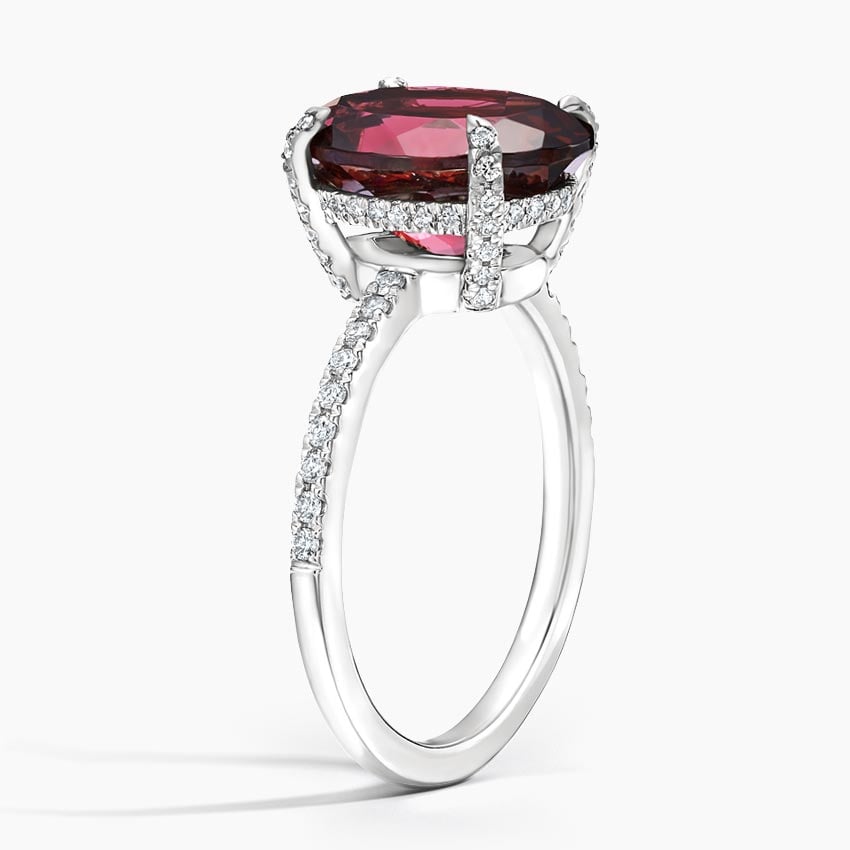 Oval Garnet Hidden Halo Engagement Ring with Moissanite Pavé Band