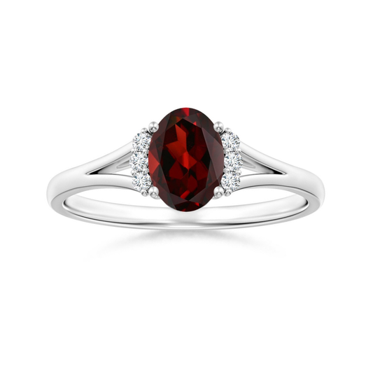 Oval Garnet with Clustered Moissanite Side Accents Engagement Ring