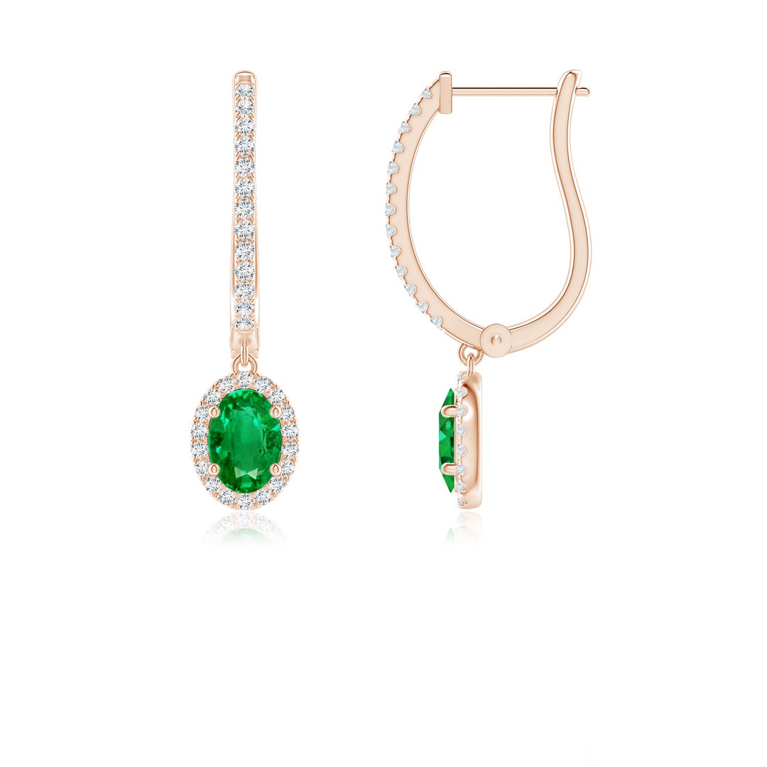 Oval Lab-Created Emerald with Halo Moissanite Huggie Hoop Drop Earrings