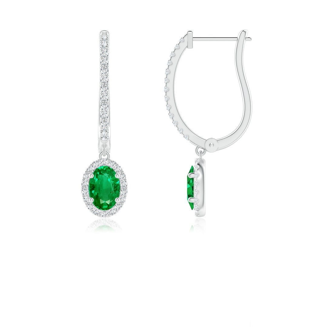 Oval Lab-Created Emerald with Halo Moissanite Huggie Hoop Drop Earrings