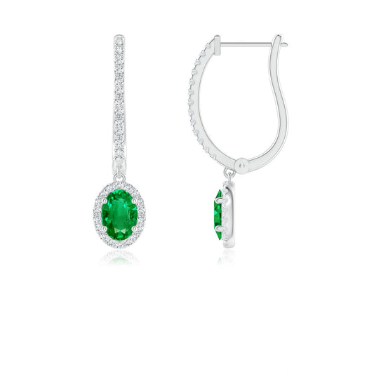 Oval Lab-Created Emerald with Halo Moissanite Huggie Hoop Drop Earrings