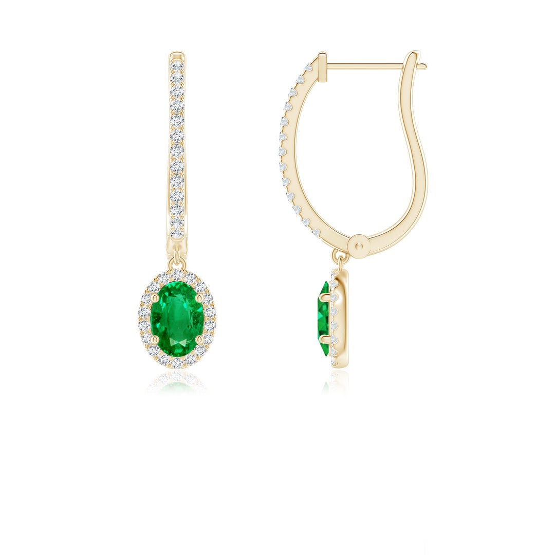 Oval Lab-Created Emerald with Halo Moissanite Huggie Hoop Drop Earrings