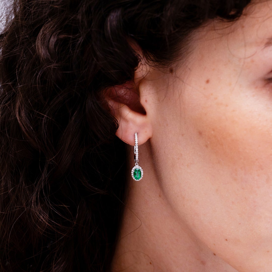 Oval Lab-Created Emerald with Halo Moissanite Huggie Hoop Drop Earrings