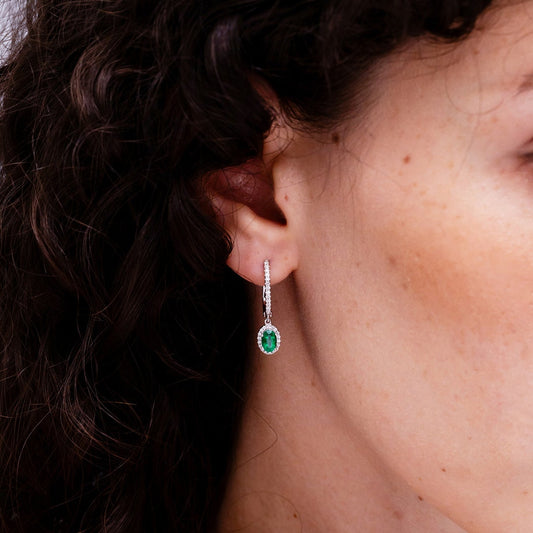 Oval Lab-Created Emerald with Halo Moissanite Huggie Hoop Drop Earrings