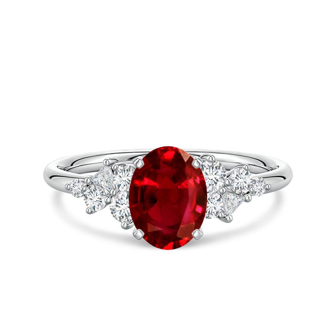Oval Lab-Created Ruby Engagement Ring with Multi-Shape Moissanite Cluster