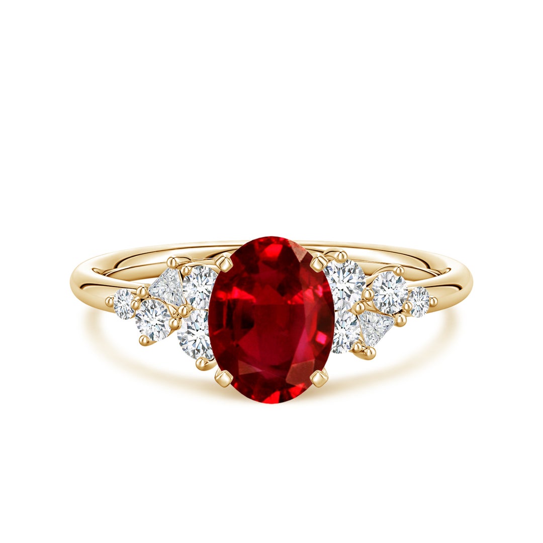 Oval Lab-Created Ruby Engagement Ring with Multi-Shape Moissanite Cluster