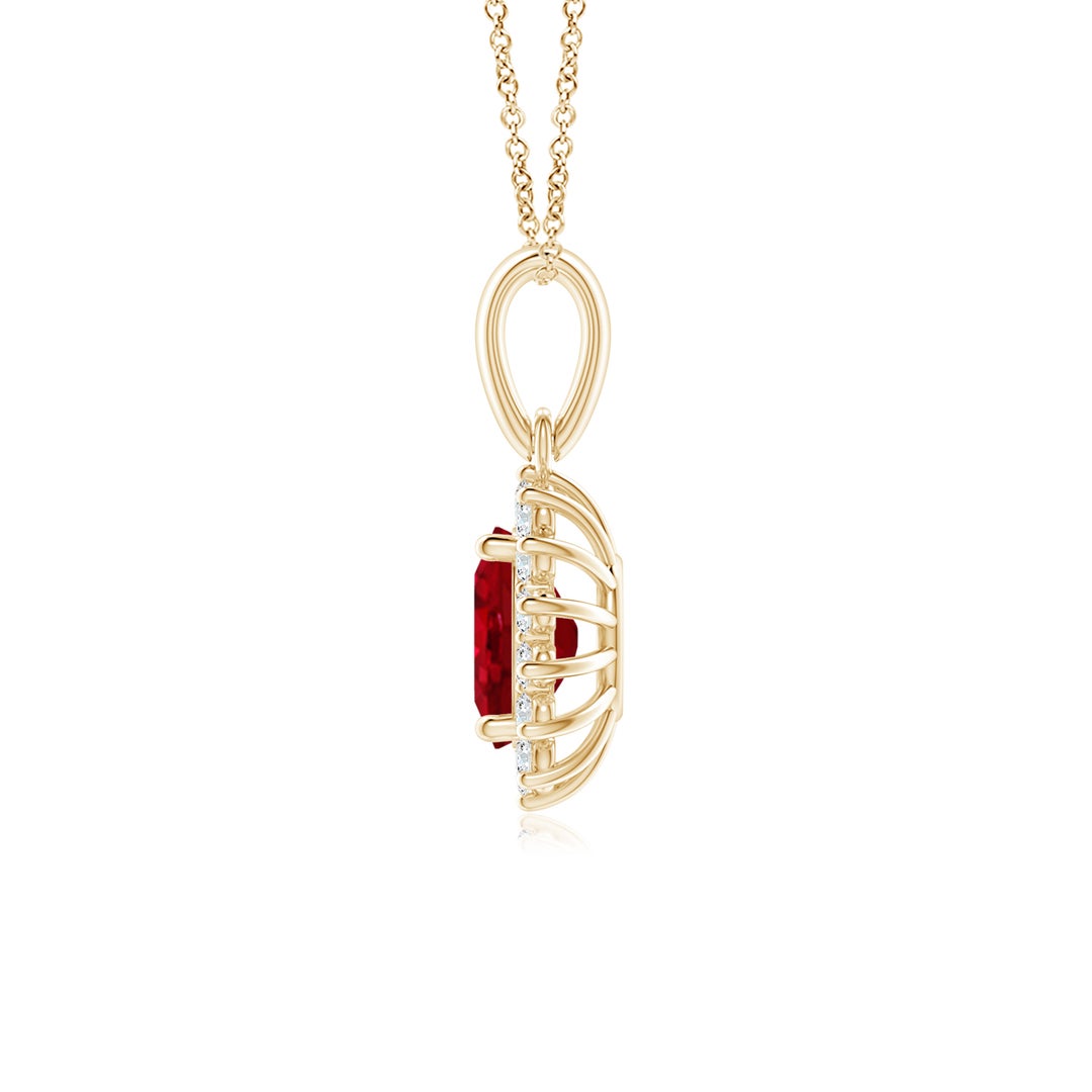 Oval Lab-Created Ruby with Floral Moissanite Halo Pendant Necklace
