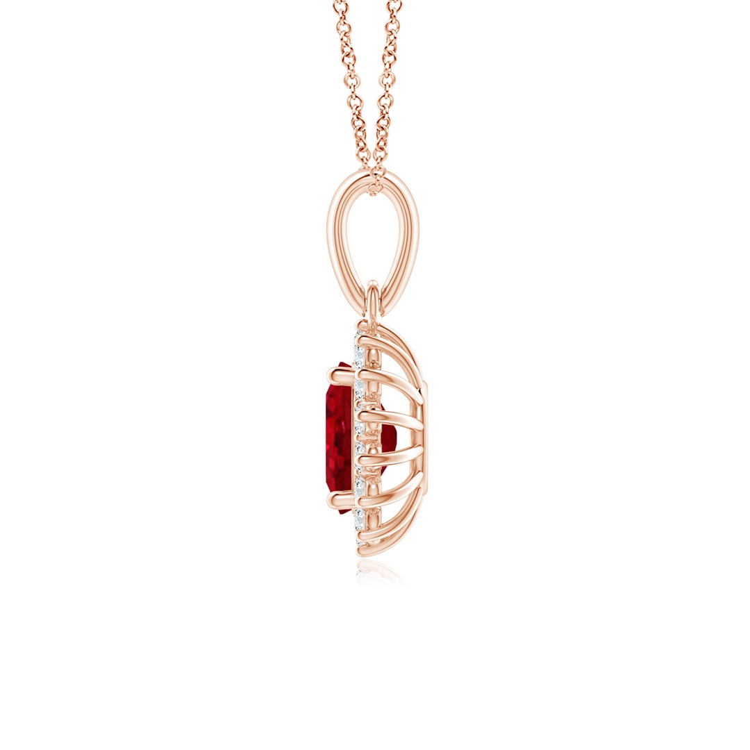 Oval Lab-Created Ruby with Floral Moissanite Halo Pendant Necklace