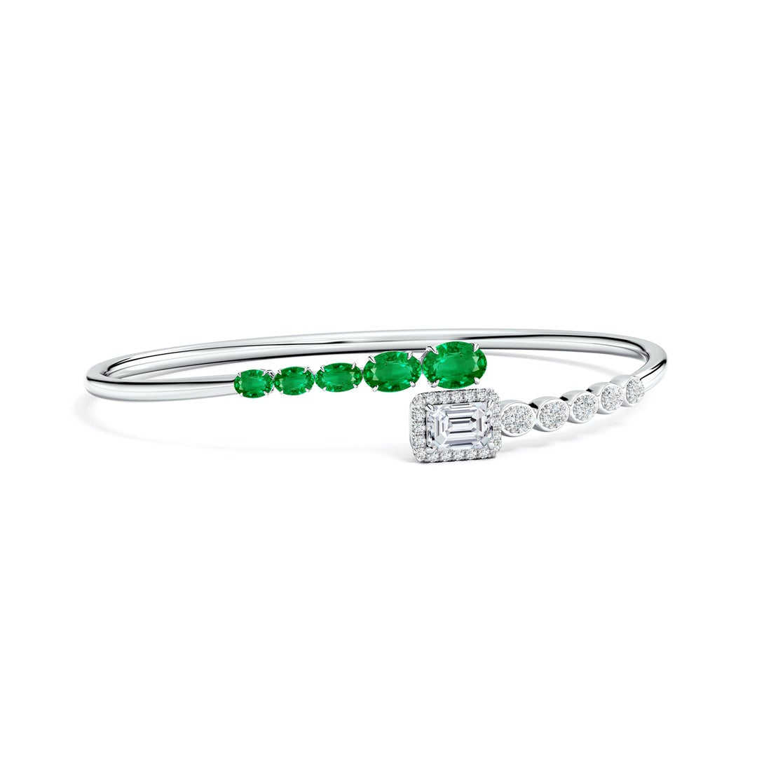 Oval Lab Emerald and Emerald-Cut Moissanite Open Bangle Bracelet