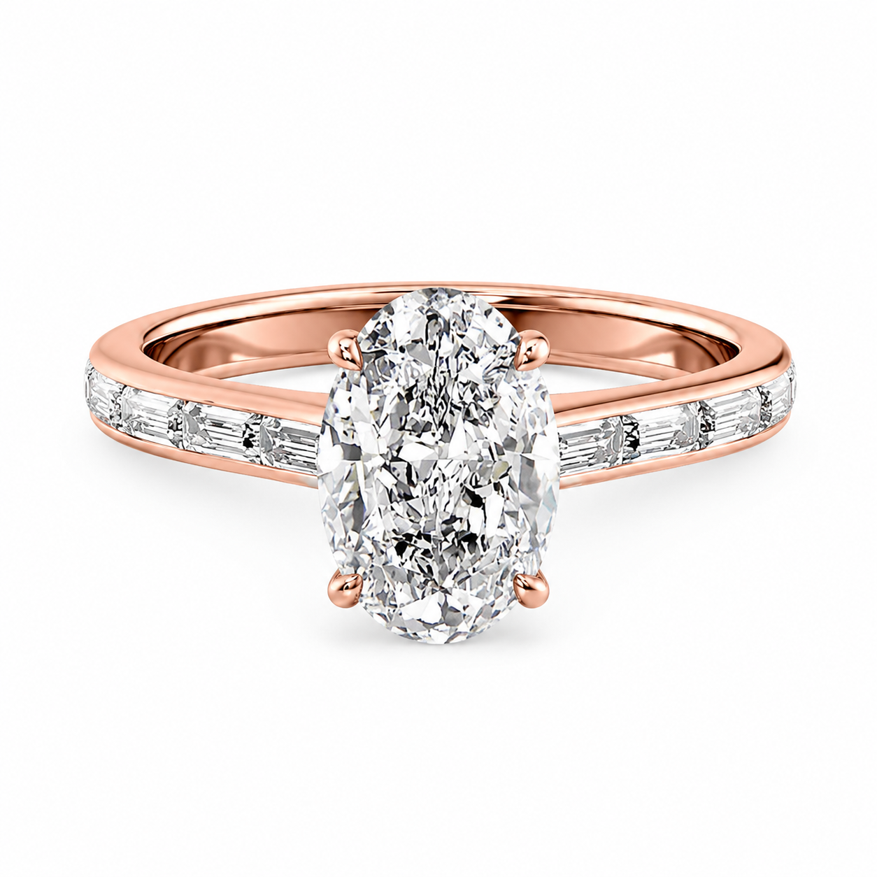 Oval Lab-Grown Diamond Hidden Halo with Baguette Accents Engagement Ring