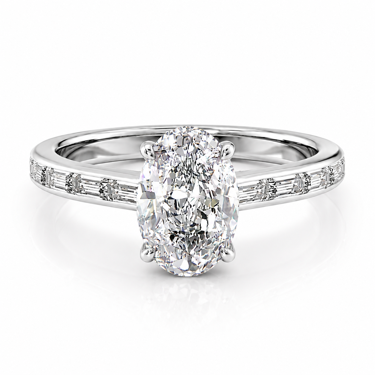 Oval Lab-Grown Diamond Hidden Halo with Baguette Accents Engagement Ring