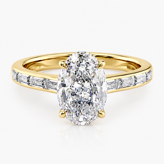 Oval Lab-Grown Diamond Hidden Halo with Baguette Accents Engagement Ring