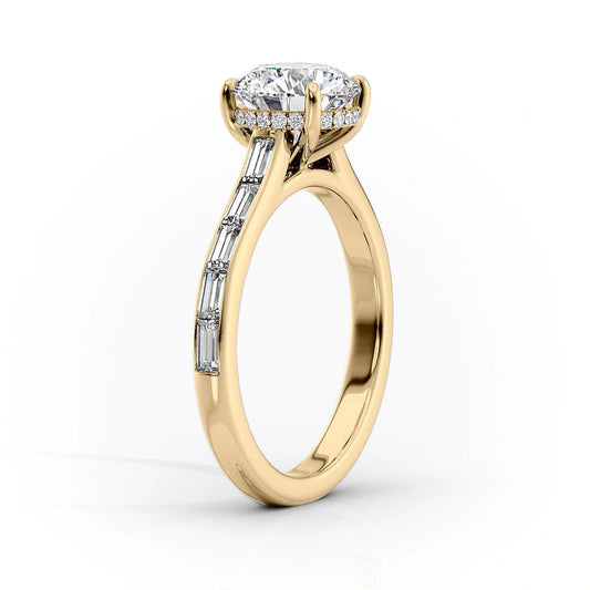 Oval Lab-Grown Diamond Hidden Halo with Baguette Accents Engagement Ring