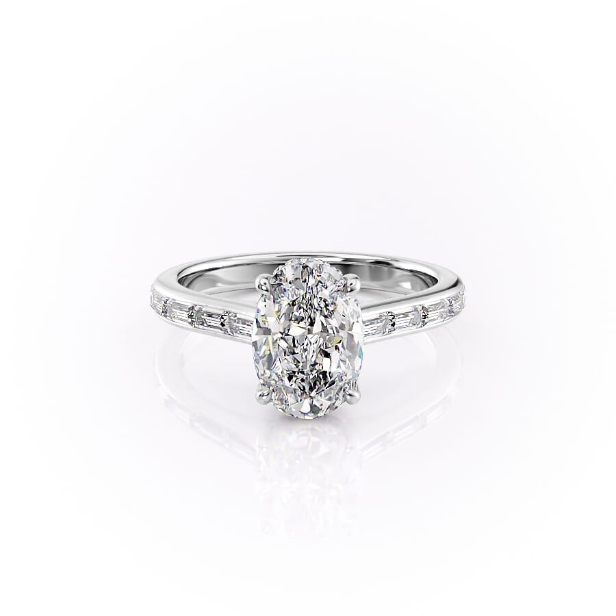 Oval Lab-Grown Diamond Hidden Halo with Baguette Accents Engagement Ring