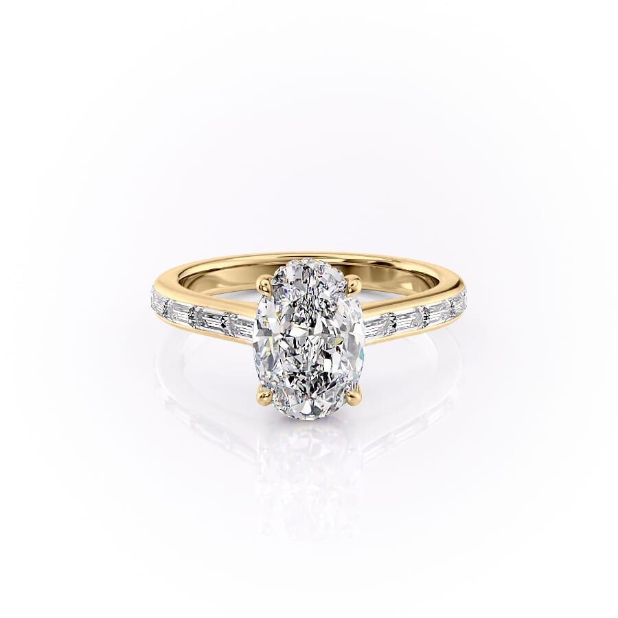 Oval Lab-Grown Diamond Hidden Halo with Baguette Accents Engagement Ring