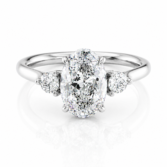 Oval Lab-Grown Diamond Three Stone Round Accents Engagement Ring