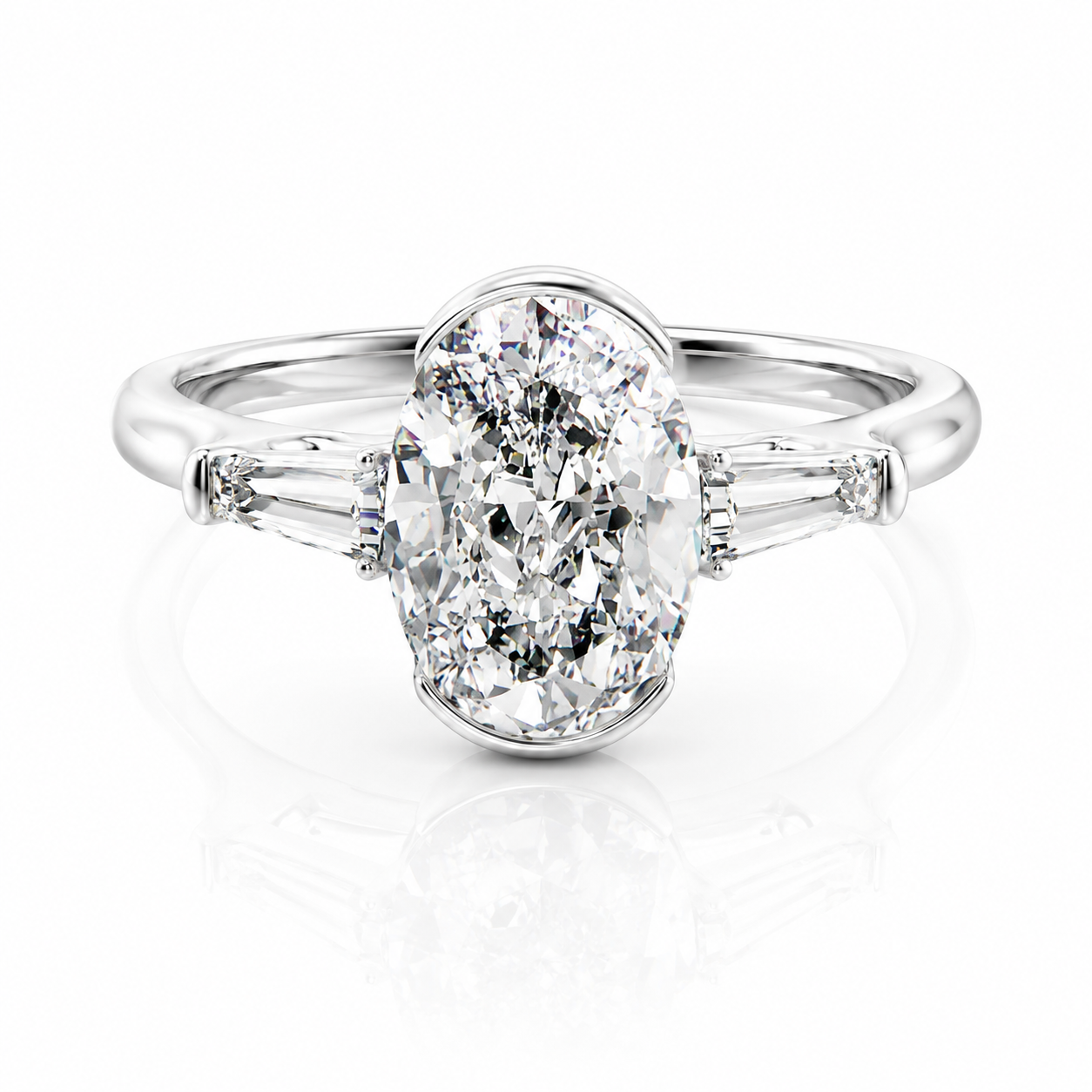 Oval Lab-Grown Diamond Three Stone Trapezoid Accents Engagement Ring