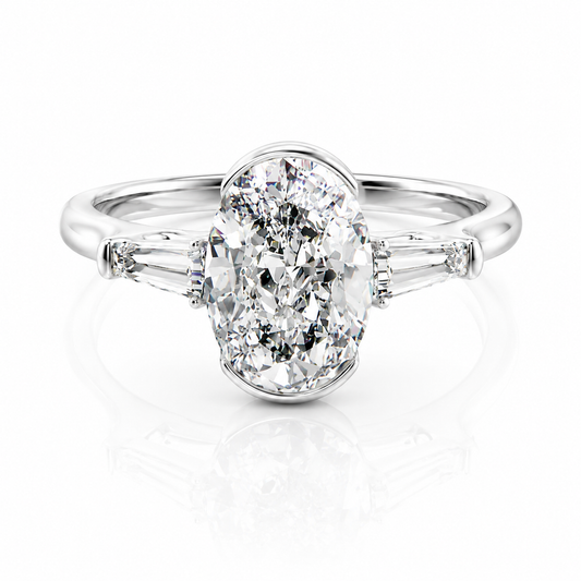 Oval Lab-Grown Diamond Three Stone Trapezoid Accents Engagement Ring