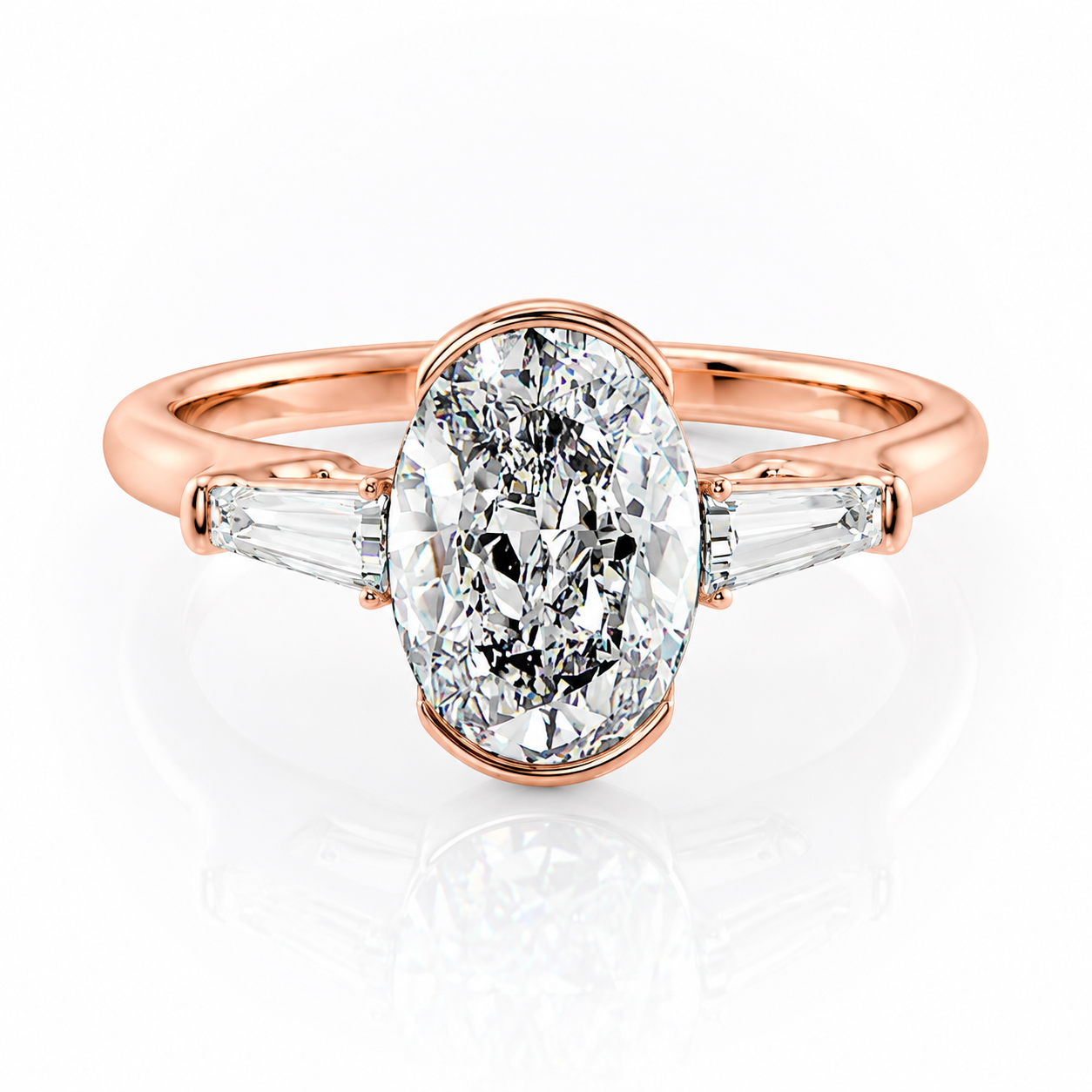 Oval Lab-Grown Diamond Three Stone Trapezoid Accents Engagement Ring
