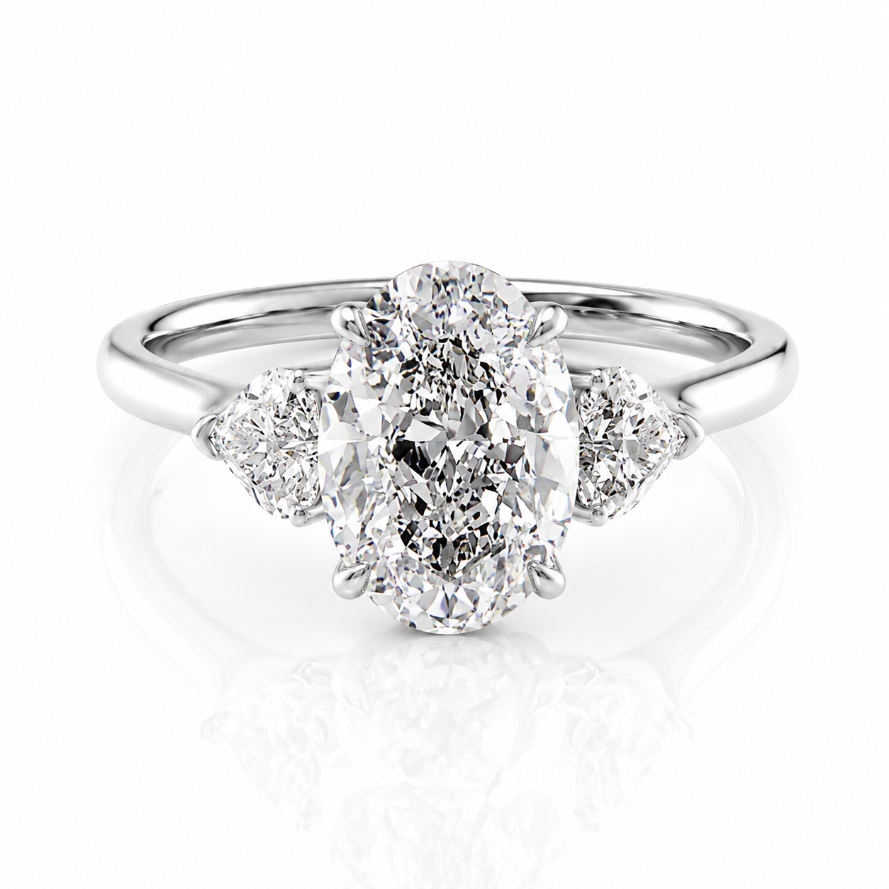 Oval Lab-Grown Diamond Three Stone Heart Accents Engagement Ring