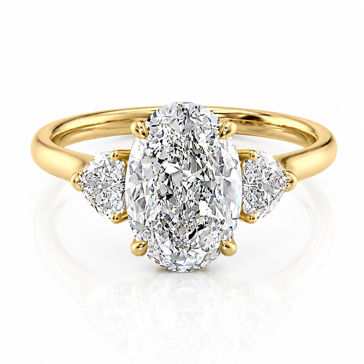 Oval Lab-Grown Diamond Three Stone Heart Accents Engagement Ring