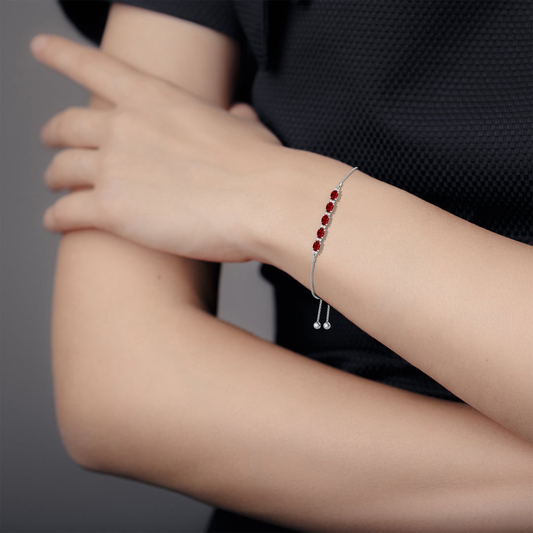 Oval Lab Ruby with Moissanite Accents Adjustable Tennis Bolo Bracelet