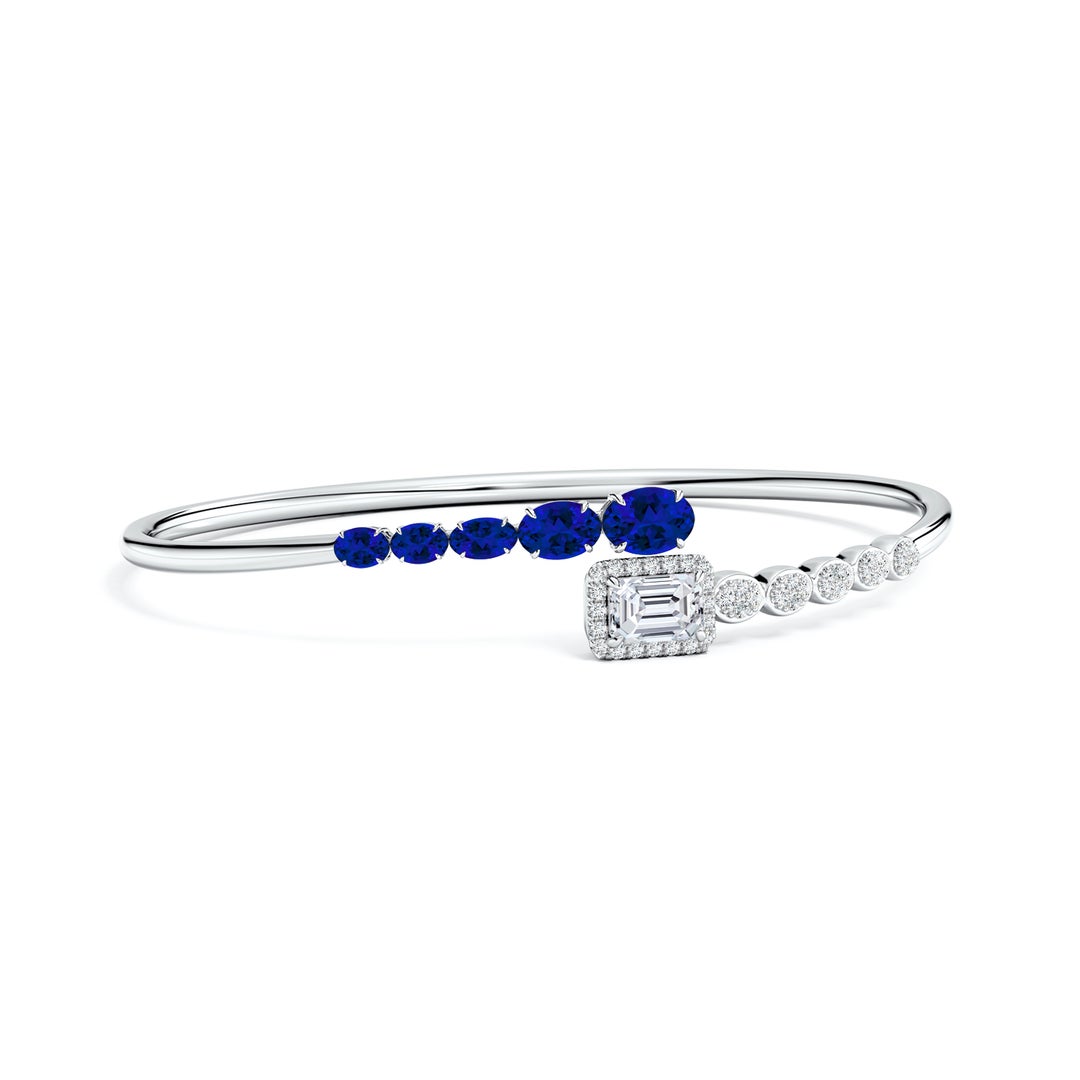 Oval Lab Sapphire and Emerald-Cut Moissanite Open Bangle Bracelet