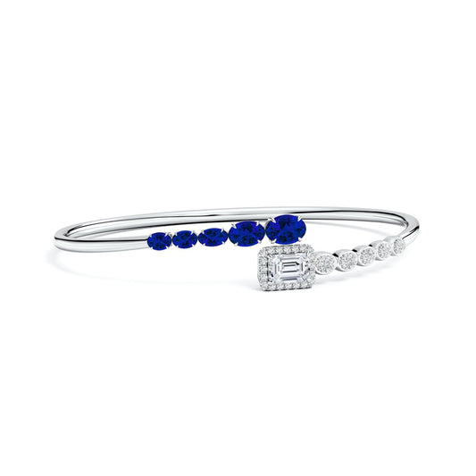Oval Lab Sapphire and Emerald-Cut Moissanite Open Bangle Bracelet