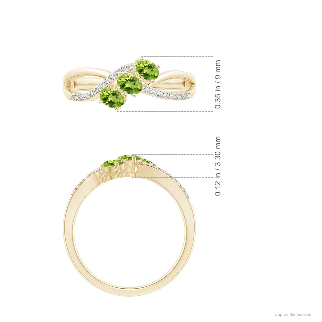 Oval Peridot Three-Stone Split Shank Promise Ring with Moissanite Accents