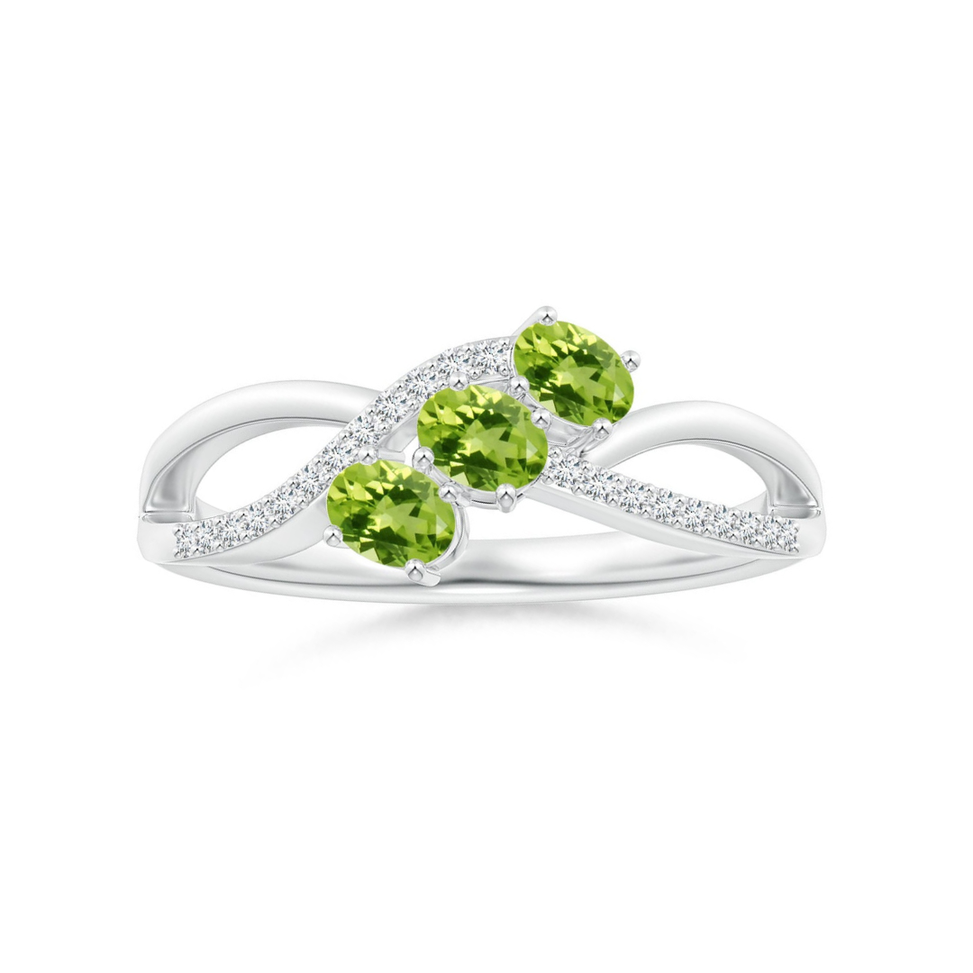 Oval Peridot Three-Stone Split Shank Promise Ring with Moissanite Accents