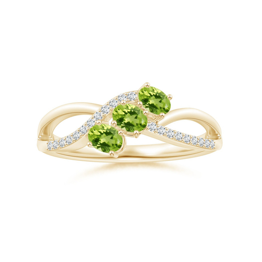 Oval Peridot Three-Stone Split Shank Promise Ring with Moissanite Accents