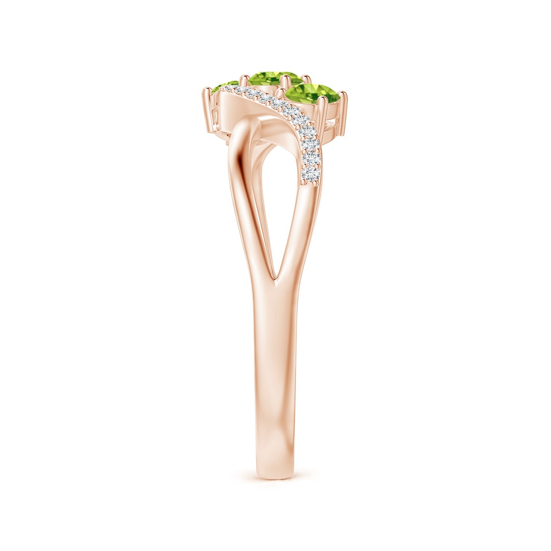 Oval Peridot Three-Stone Split Shank Promise Ring with Moissanite Accents