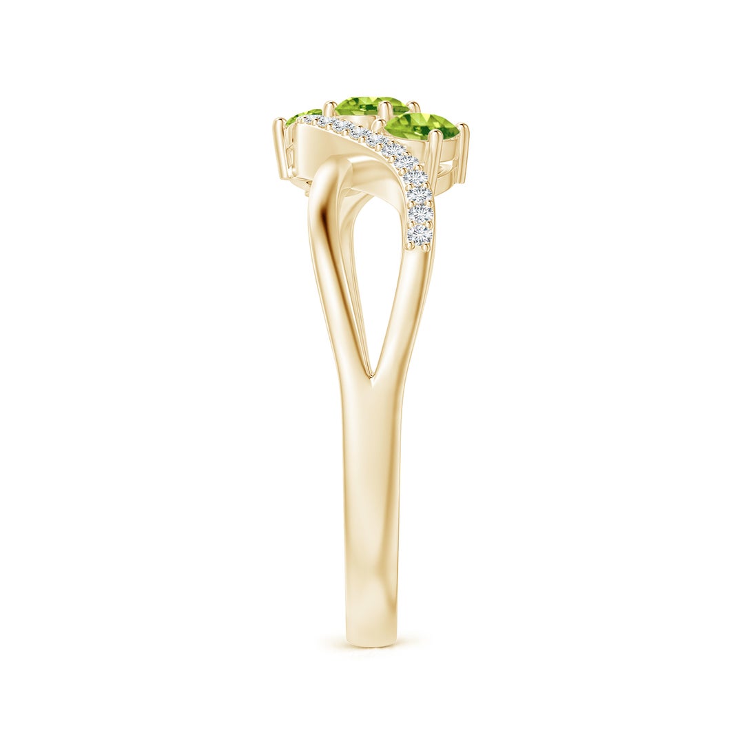 Oval Peridot Three-Stone Split Shank Promise Ring with Moissanite Accents