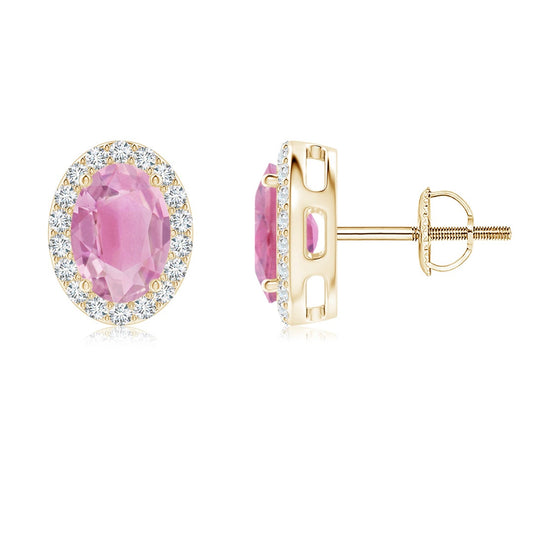 Oval Pink Tourmaline with Moissanite Halo Stud Earrings