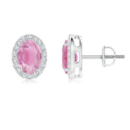 Oval Pink Tourmaline with Moissanite Halo Stud Earrings