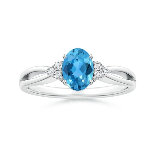 Oval Swiss Blue Topaz with Moissanite Accents Split Shank Engagement Ring