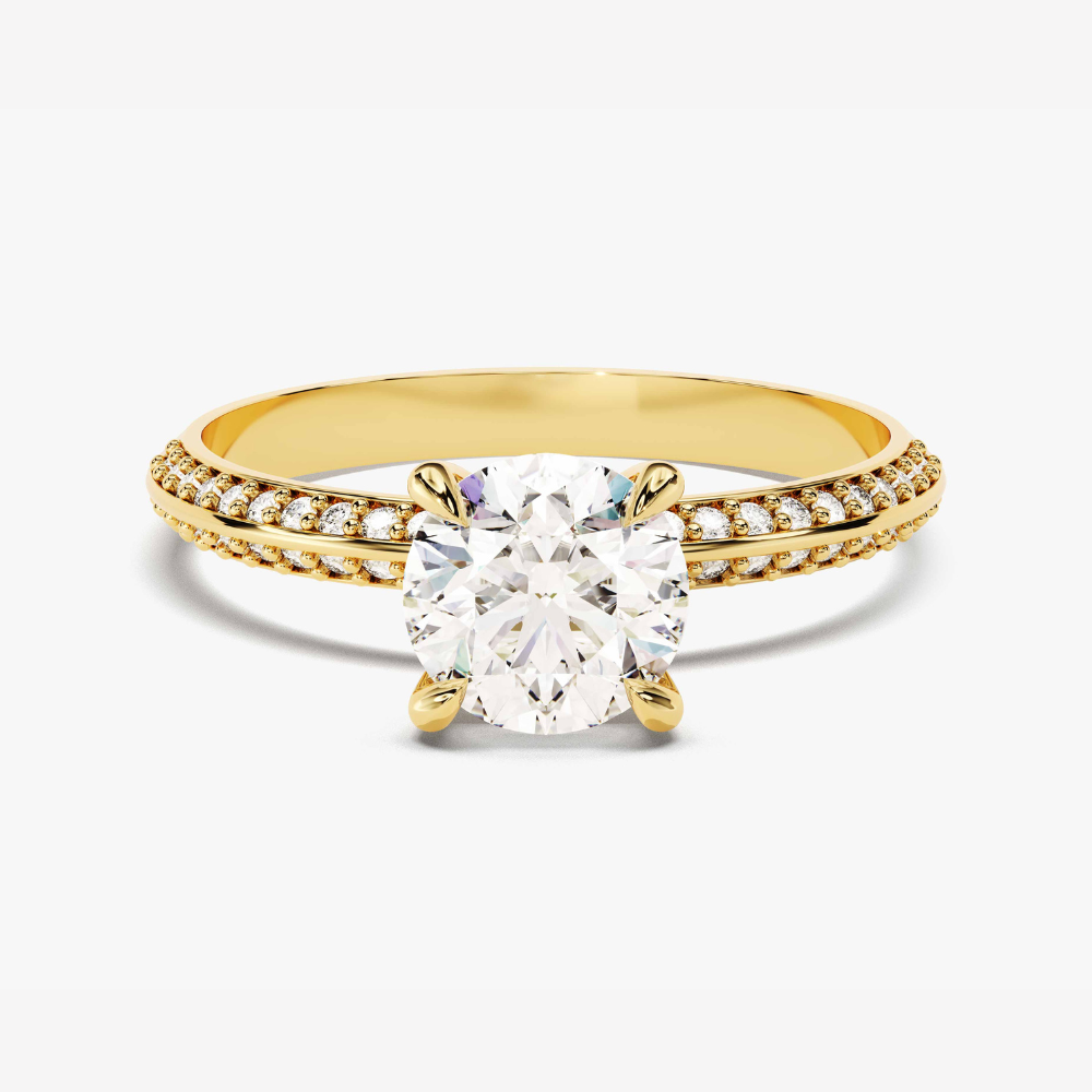 Pavé Set Round Cut Moissanite Engagement Ring with Milgrain Knife Edge