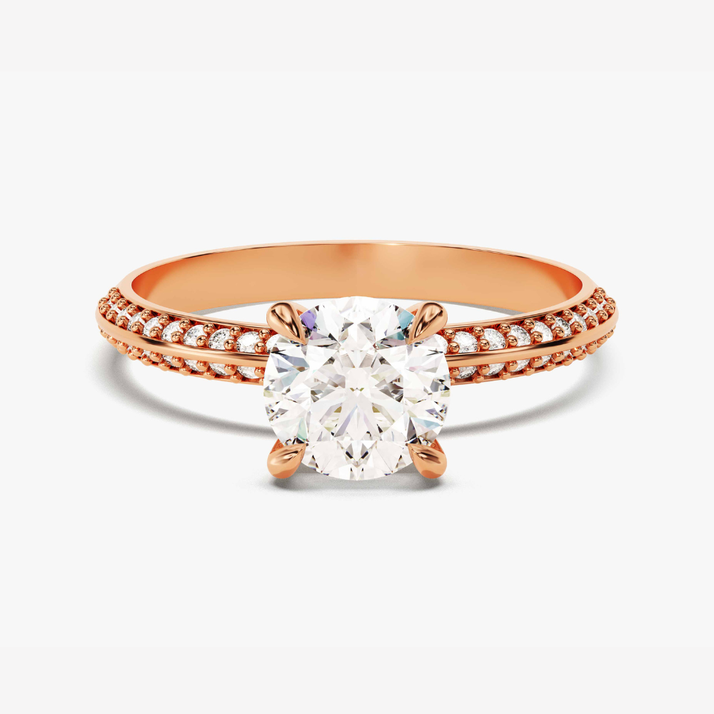 Pavé Set Round Cut Moissanite Engagement Ring with Milgrain Knife Edge