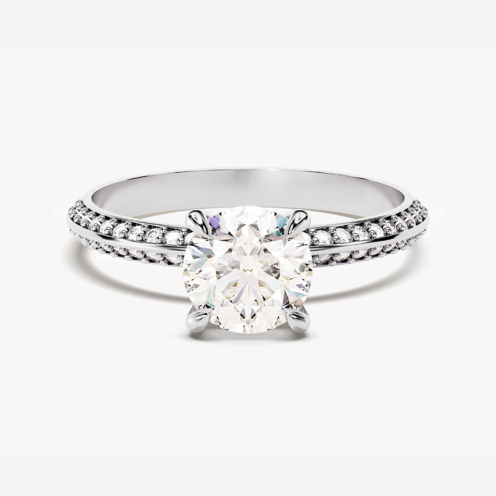 Pavé Set Round Cut Moissanite Engagement Ring with Milgrain Knife Edge